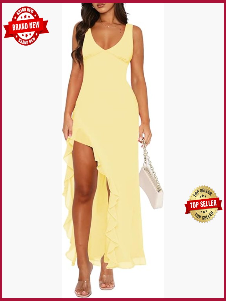 Sexy V-Neck Sleeveless Mesh Bodycon Maxi Dress With Side Slit